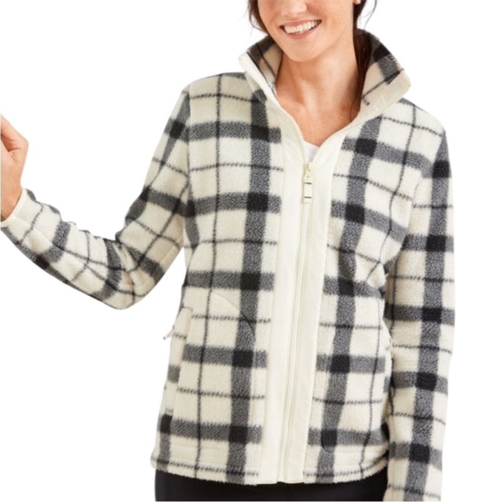 Talbots Plaid Full Zip Fleece Jacket Sz M black and white
